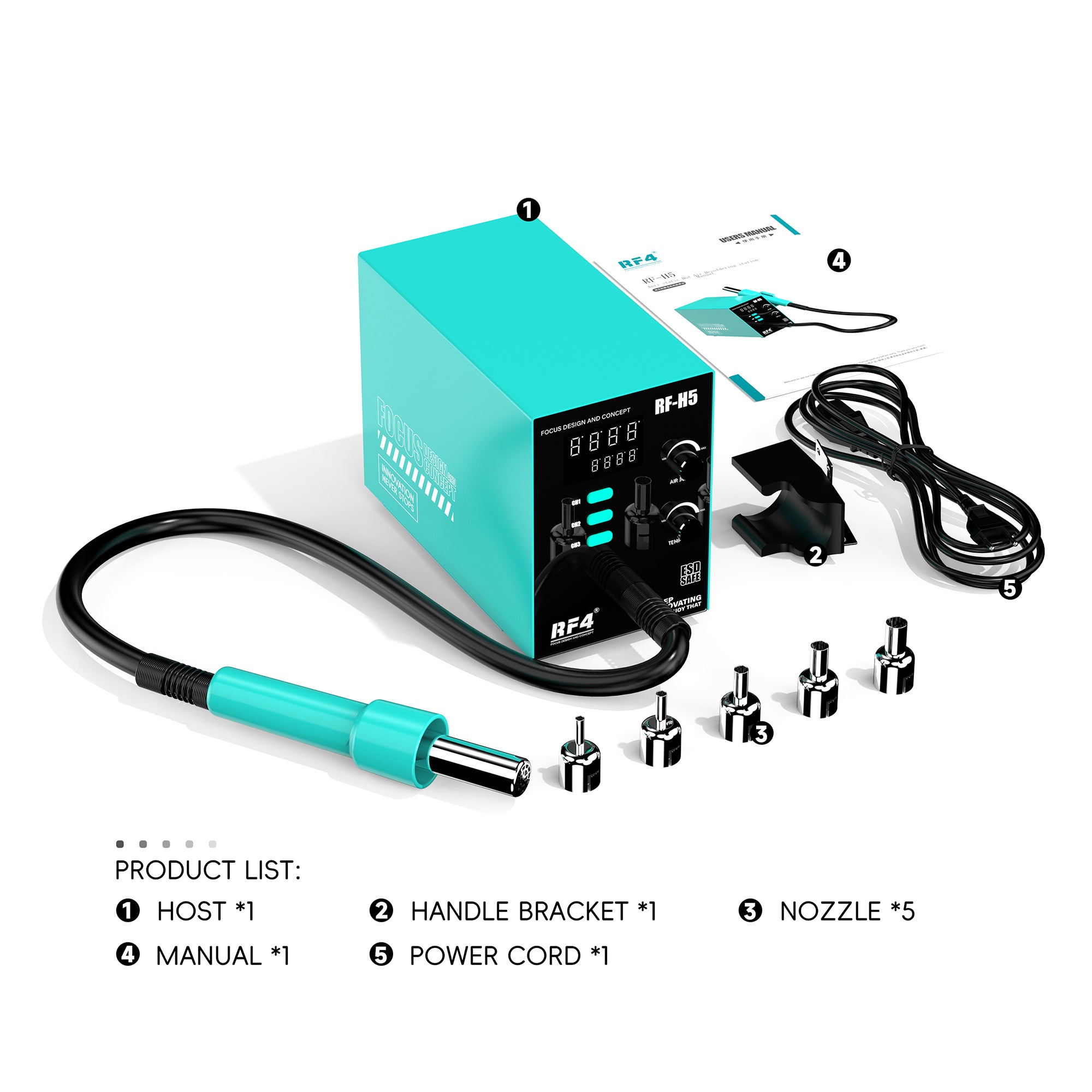 RF4 RF-H5 800W BGA Rework Solder Station Soldering Heat Air Gun with 5 Nozzles RF4 RF-H5 800W BGA Rework Solder Station Soldering Heat Air Gun with 5 Nozzles